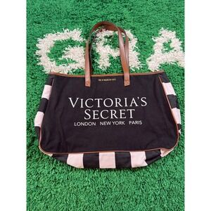 Victoria's Secret Tote Bag Womens OS Black‎ Pink Good Canvas Striped Logo Travel